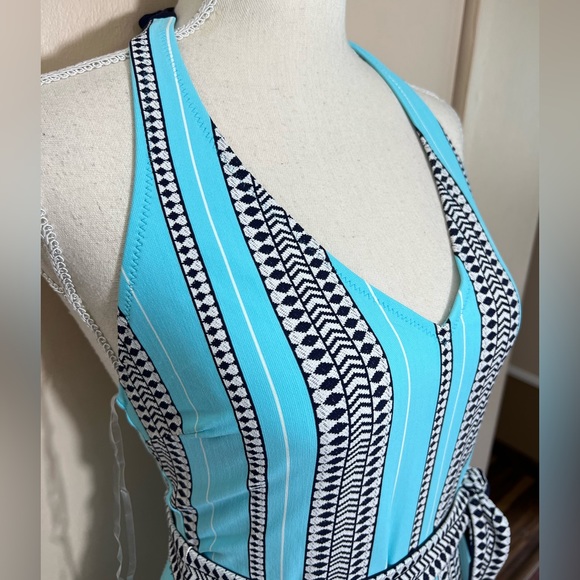 NWT Lemlem turquoise navy white tribal stripe belted swimsuit size medium - Picture 15 of 16